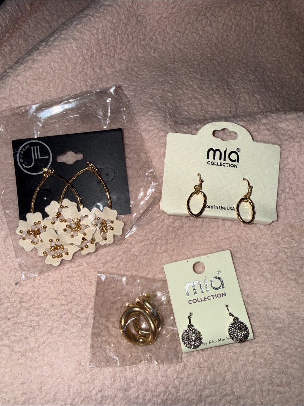4 pair Gold Hoop Earrings with Cream Floral Accents